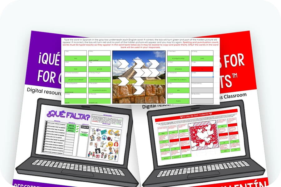 Three digital activities: a ¿Qué Falta? game, a Google Sheets mystery picture half uncovered, and a Valentine's Day hidden image