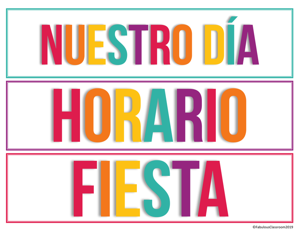A page of Spanish schedule cards that read NUESTRO DÍA, HORARIO and FIESTA