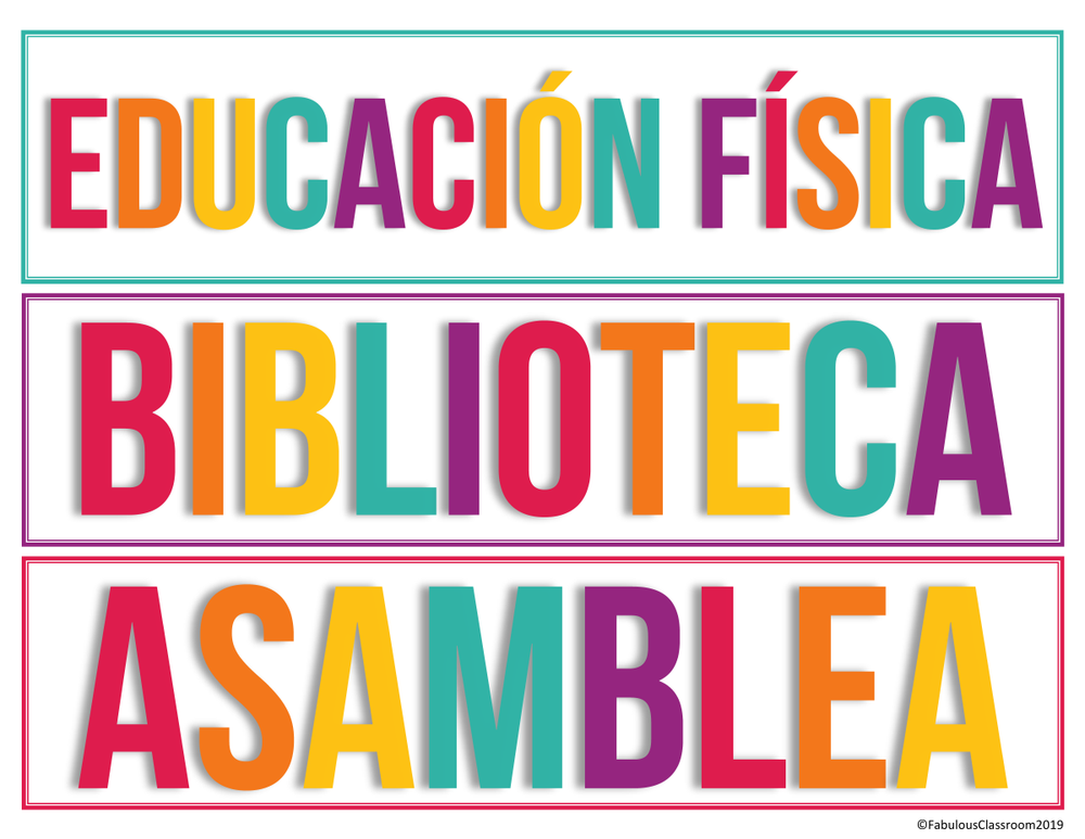 Page 5 of the schedule cards: three Spanish cards that read EDUCACIÓN FÍSICA, BIBLIOTECA and ASAMBLEA
