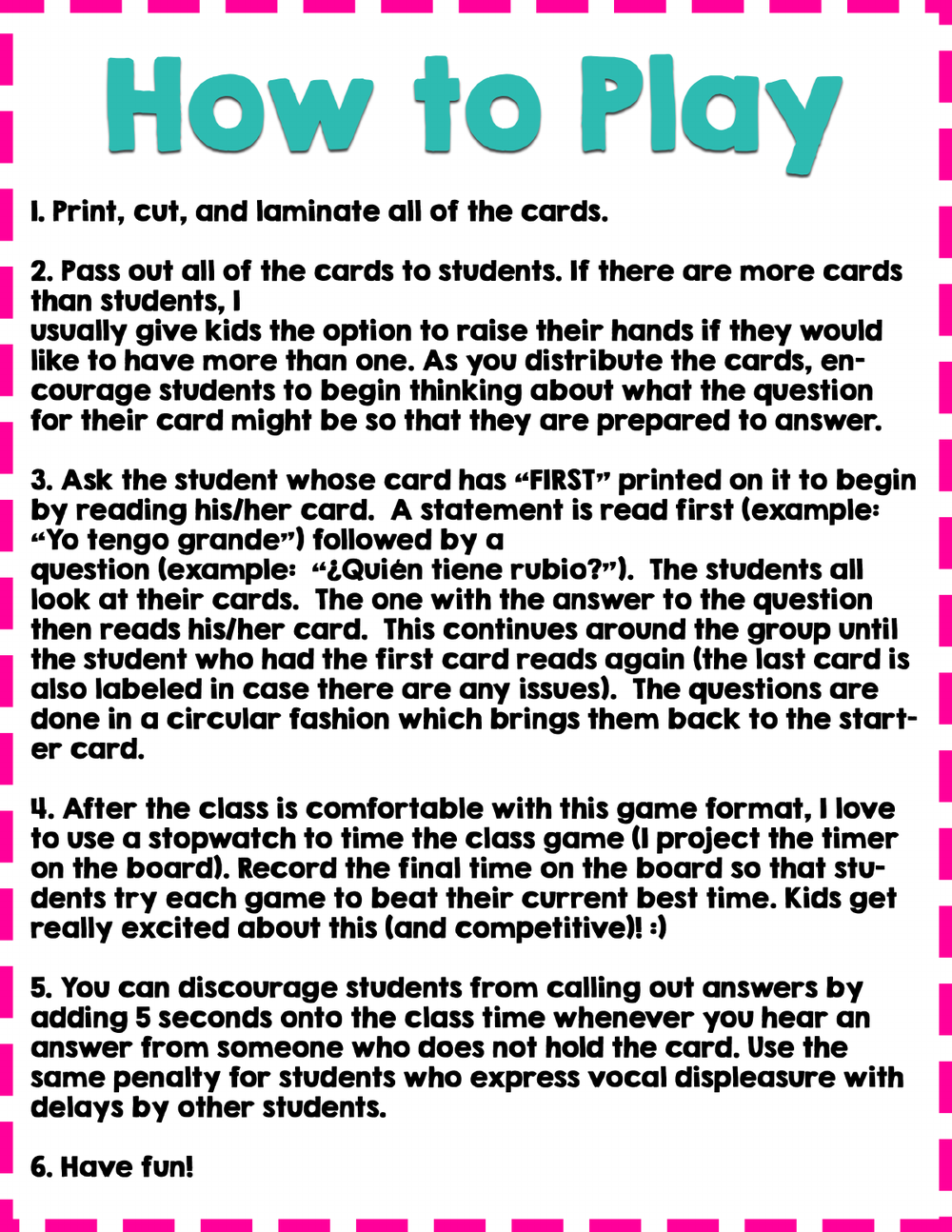 How to teach Spanish descriptive adjectives with a game: the How to Play page of the free Yo Tengo game