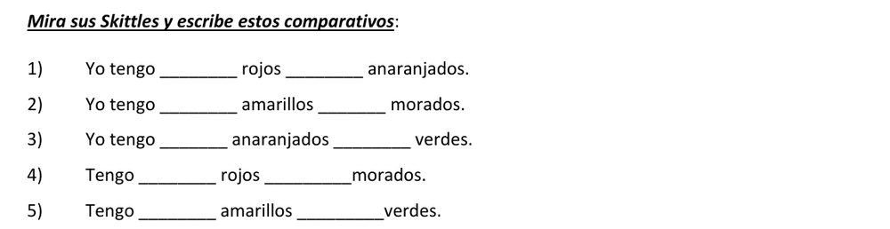 The worksheet section where students compare their own Skittles with Yo tengo sentences