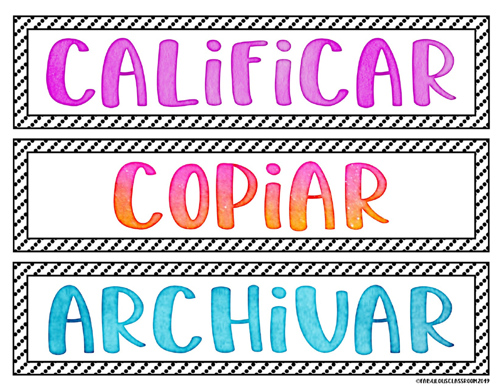 The first page of the free Spanish classroom labels: three labels that read CALIFICAR, COPIAR and ARCHIVAR