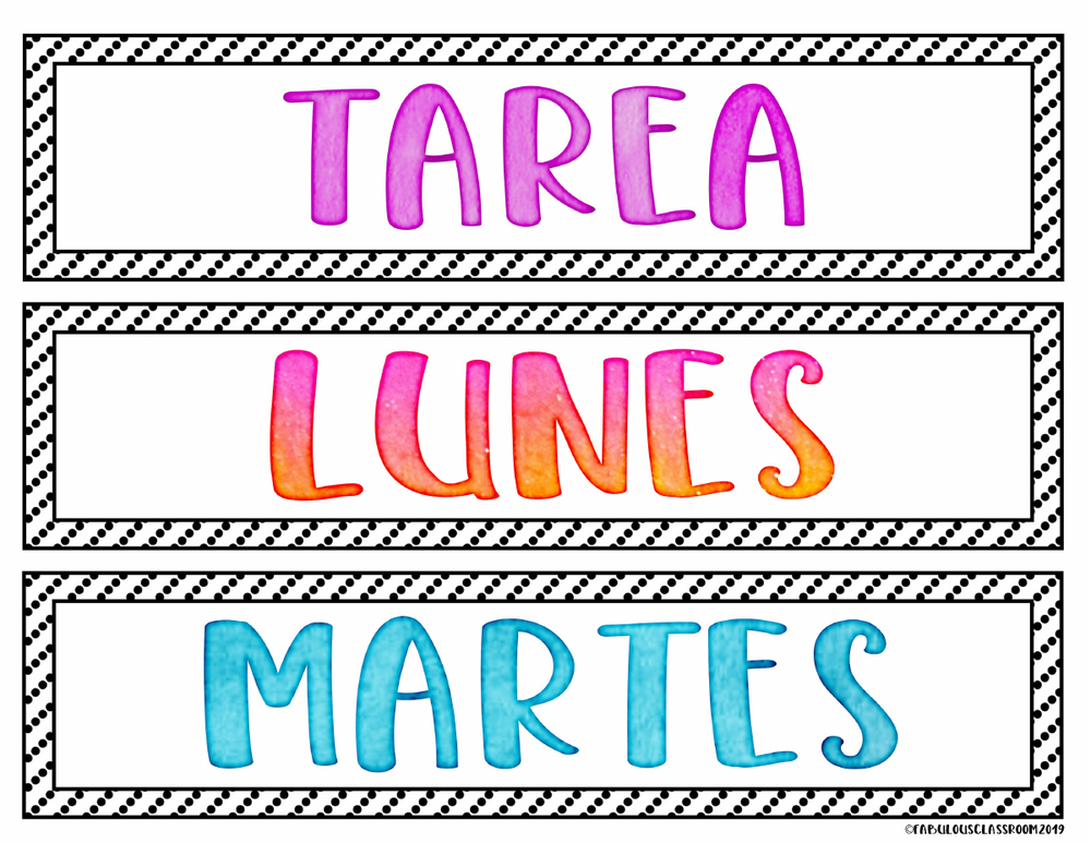 A page of Spanish labels that read TAREA, LUNES and MARTES
