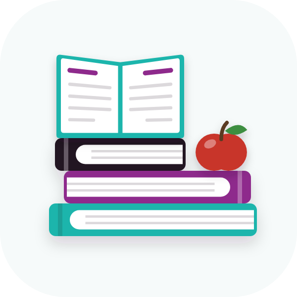 A stack of books with an open book on top and an apple