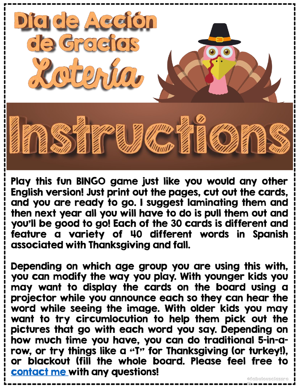 The instructions page of the Spanish Thanksgiving bingo game, D&iacute;a de Acci&oacute;n de Gracias Loter&iacute;a