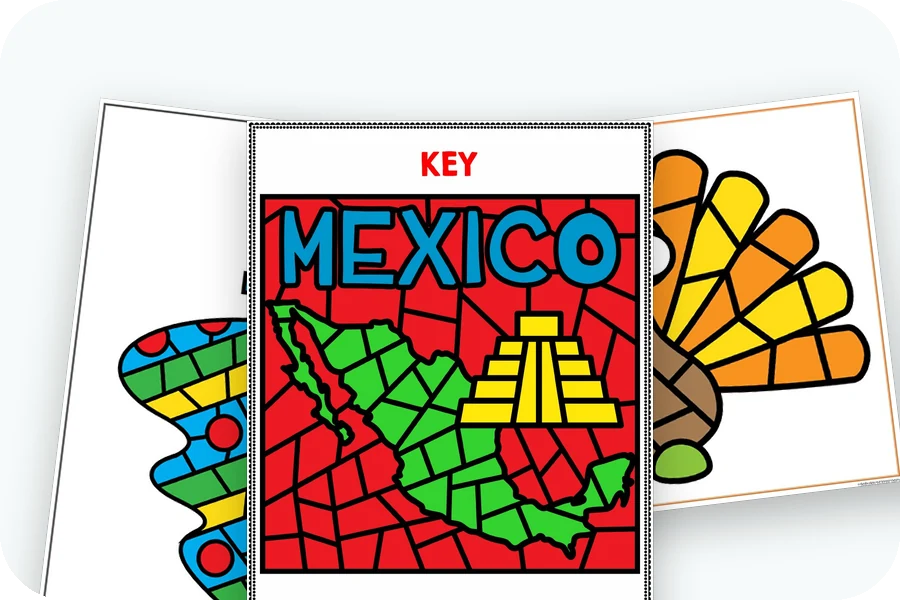 Three finished color by number pages: a Navidad ornament, a Cinco de Mayo map of Mexico and a Thanksgiving turkey