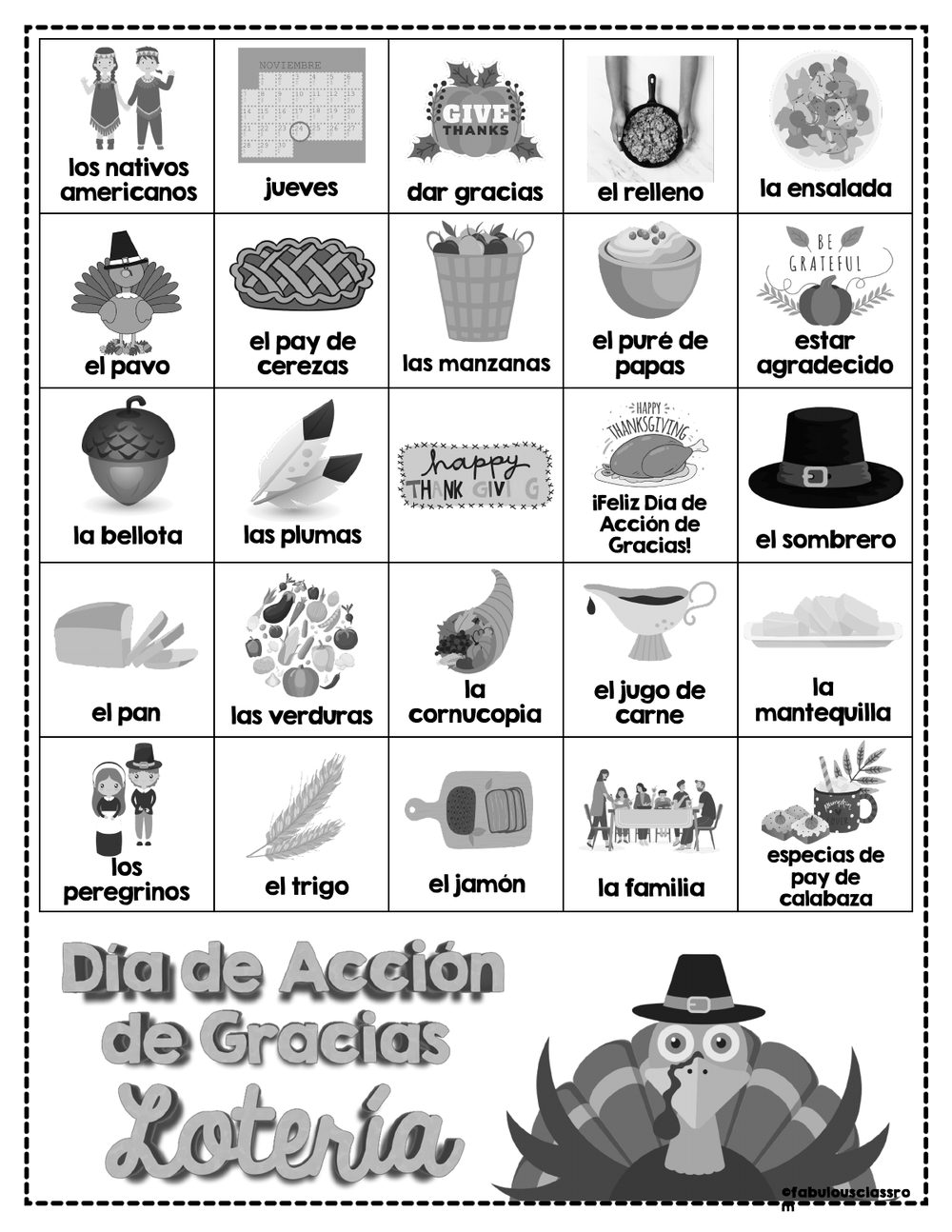 A black-and-white Spanish Thanksgiving bingo board with the same pictures and Spanish words