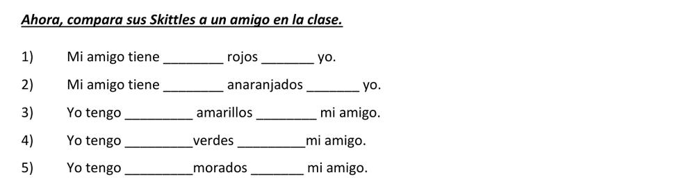 The worksheet section where students compare their Skittles with a friend's using Mi amigo tiene sentences