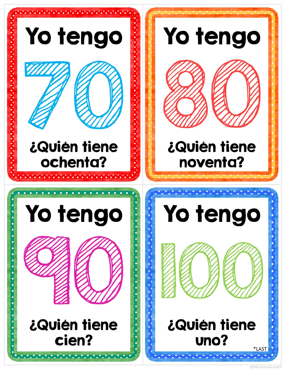 The last four Spanish numbers game cards, 70 to 100, with the LAST card marked