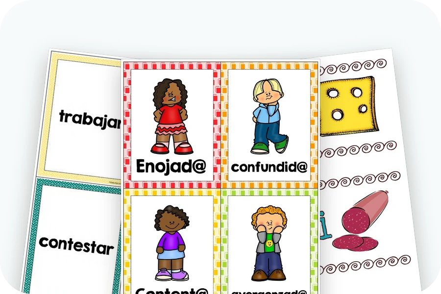 Three Spanish flashcard pages: Descubre -AR verbs, emotions and The Very Hungry Caterpillar foods