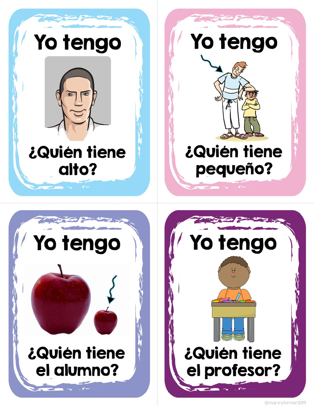 A page of four Yo Tengo cards that ask ¿Quién tiene alto, pequeño, el alumno and el profesor? with a man’s portrait, a tall and a short person, a big and a small apple, and a boy at a desk