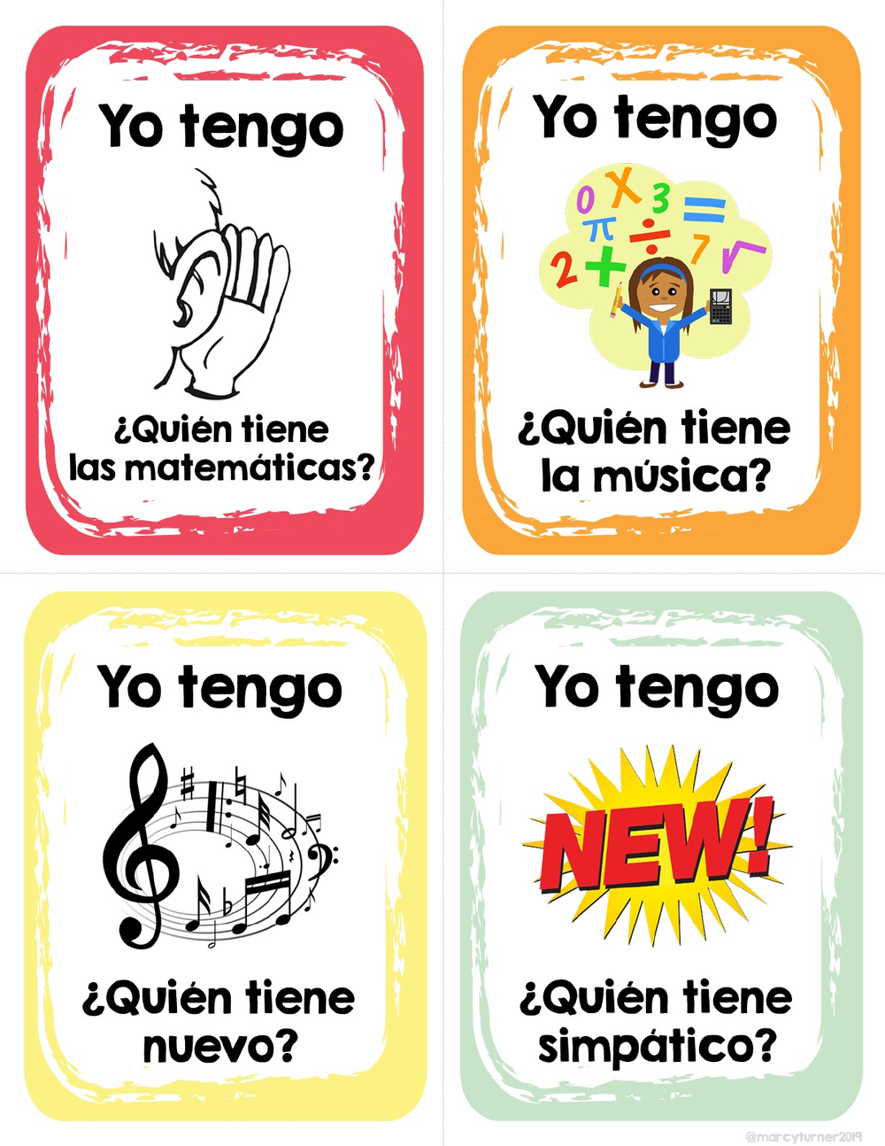 A page of four Yo Tengo cards that ask ¿Quién tiene las matemáticas, la música, nuevo and simpático? with a hand at an ear, math symbols, music notes and the word NEW
