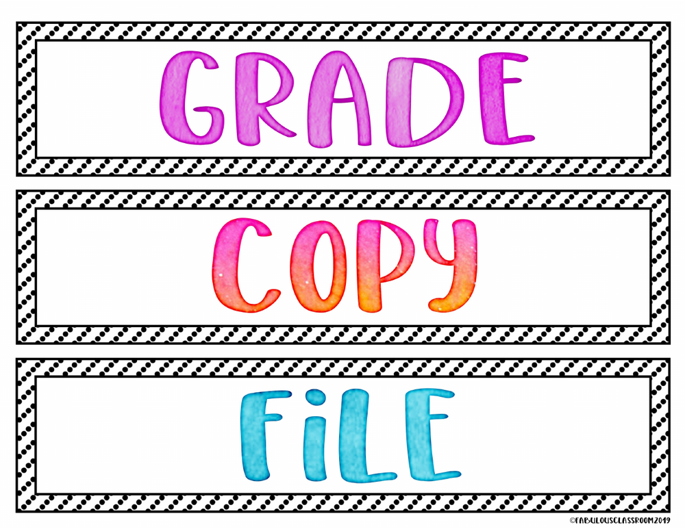 The first English page of the labels: three labels that read GRADE, COPY and FILE