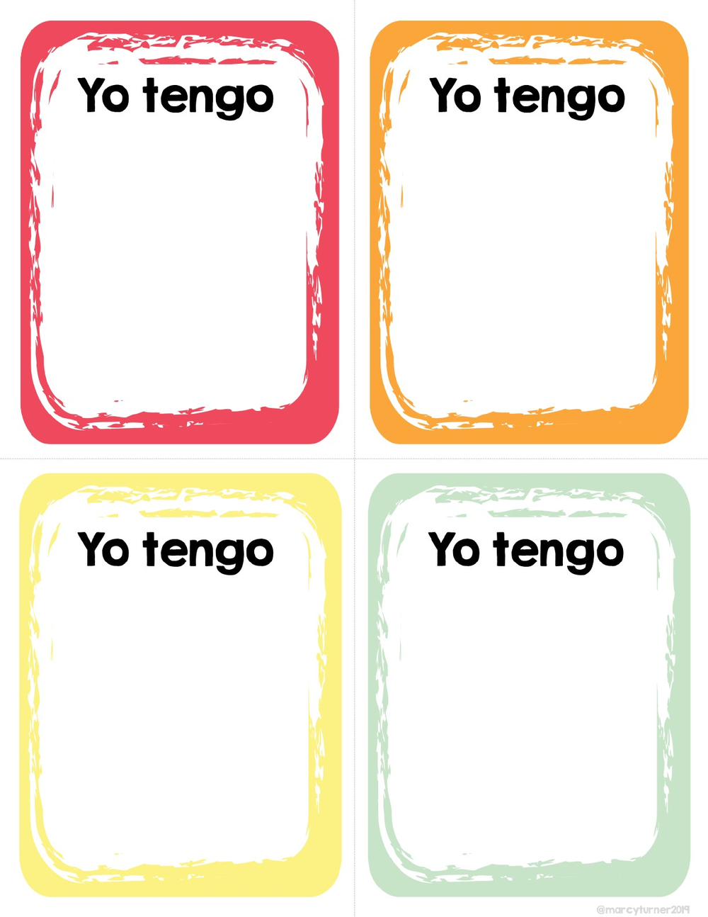A page of four blank editable Yo Tengo cards from the free Spanish game