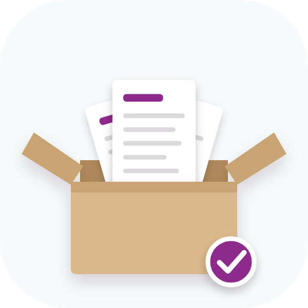 Lesson pages rising out of an open box, with a check mark