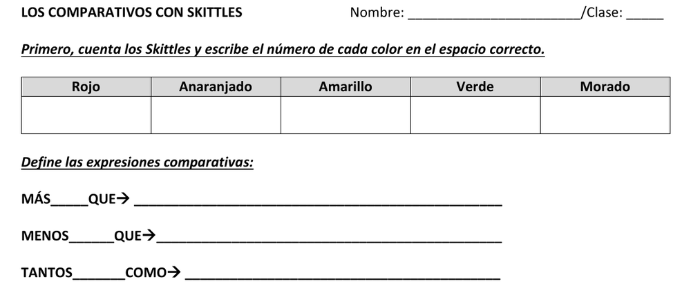 The top of the Los Comparativos con Skittles worksheet: a table to count each color and the three expressions to define