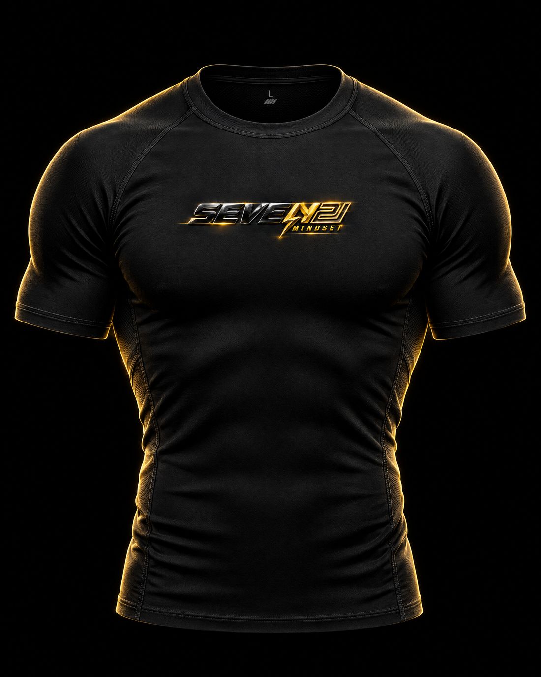 Camiseta de compresión negra con el logo SEVEN21 MINDSET