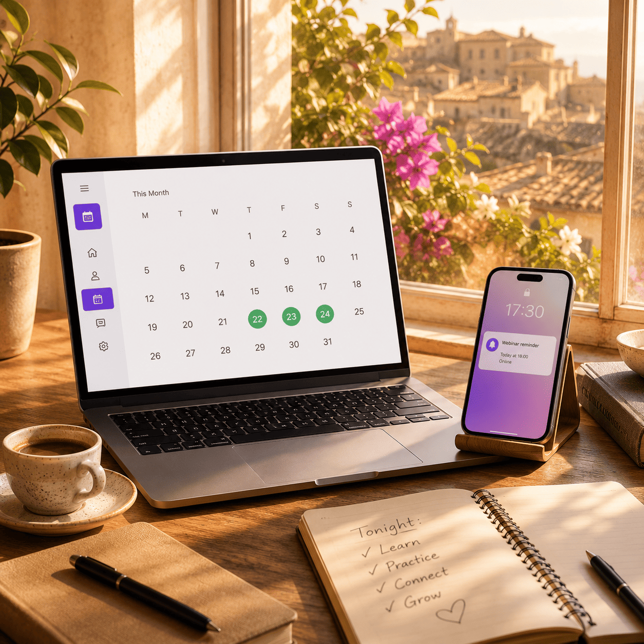 Laptop con calendario e smartphone con reminder seminario
