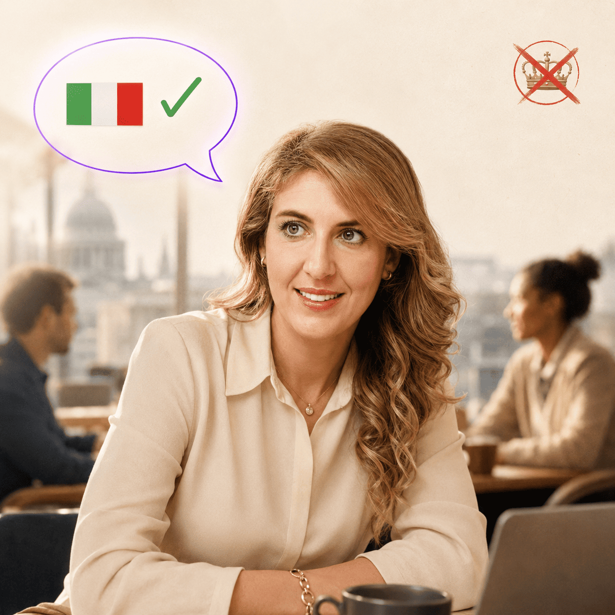 Donna italiana sicura in conversazione internazionale