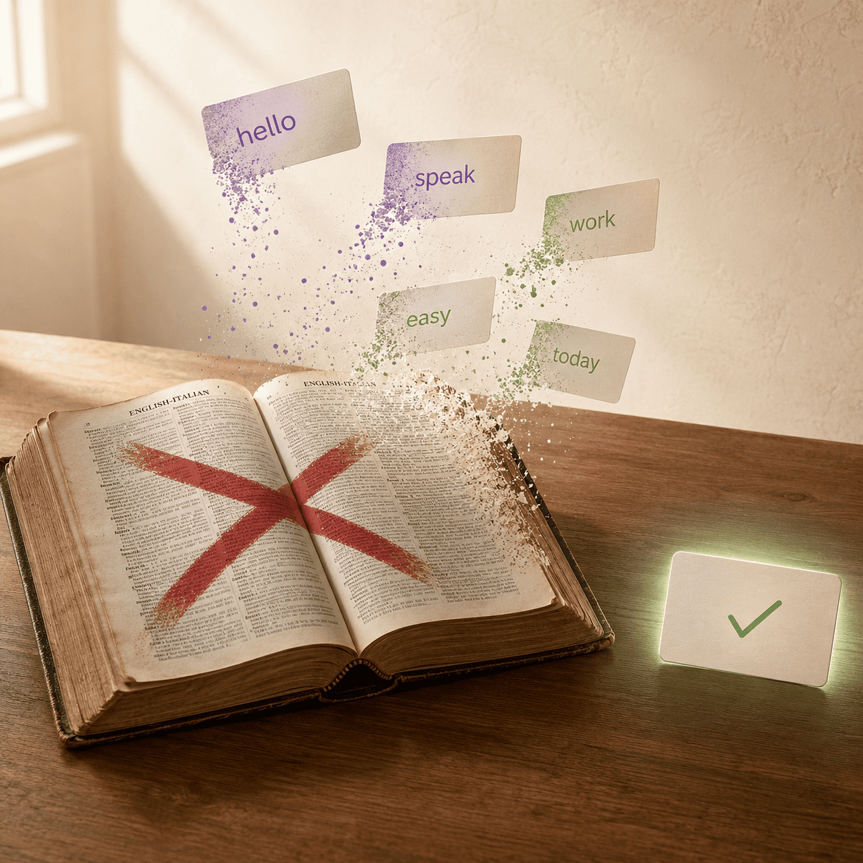 Dizionario inglese con cards di parole semplici fluttuanti