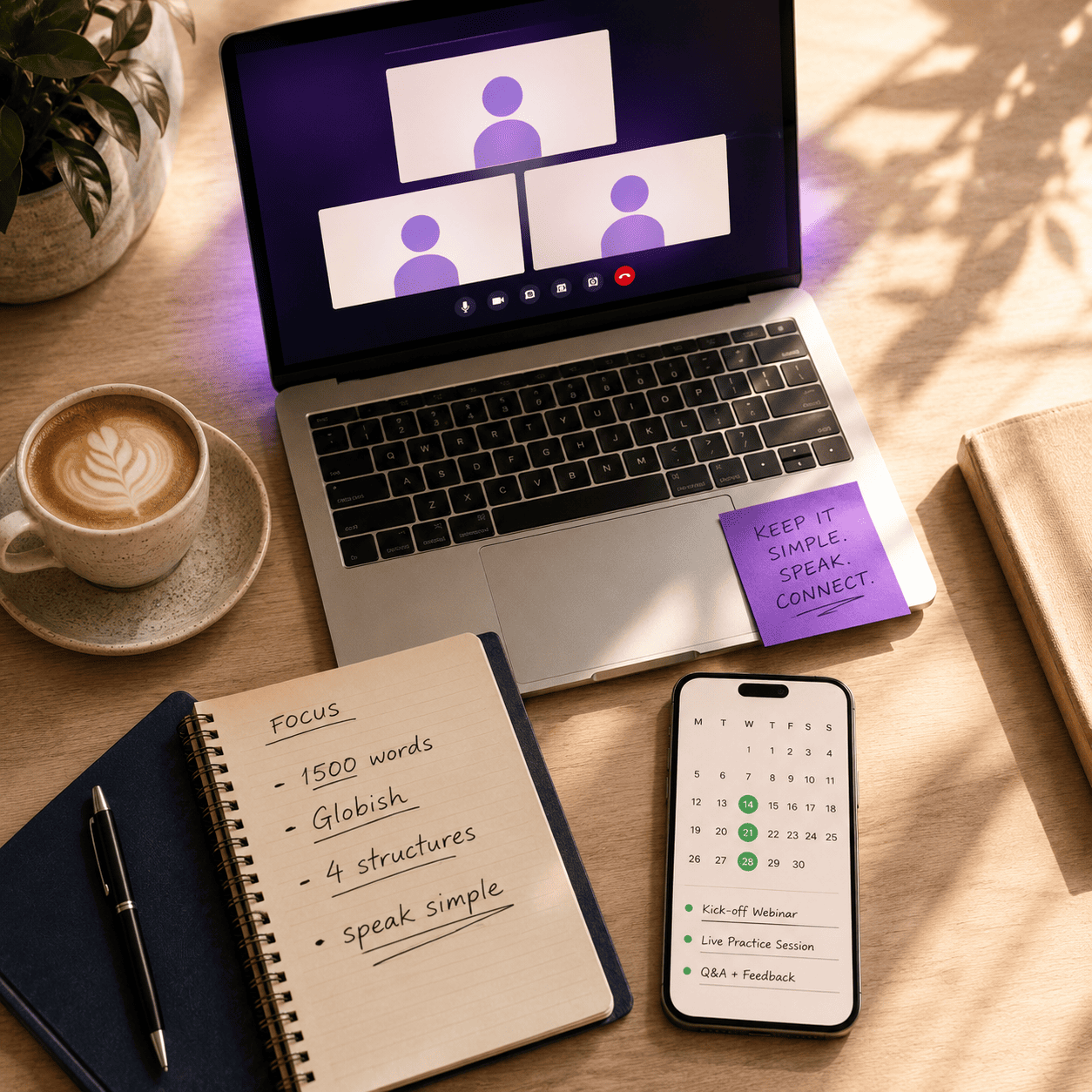 Flat lay desk con laptop, notebook e tazza di cappuccino