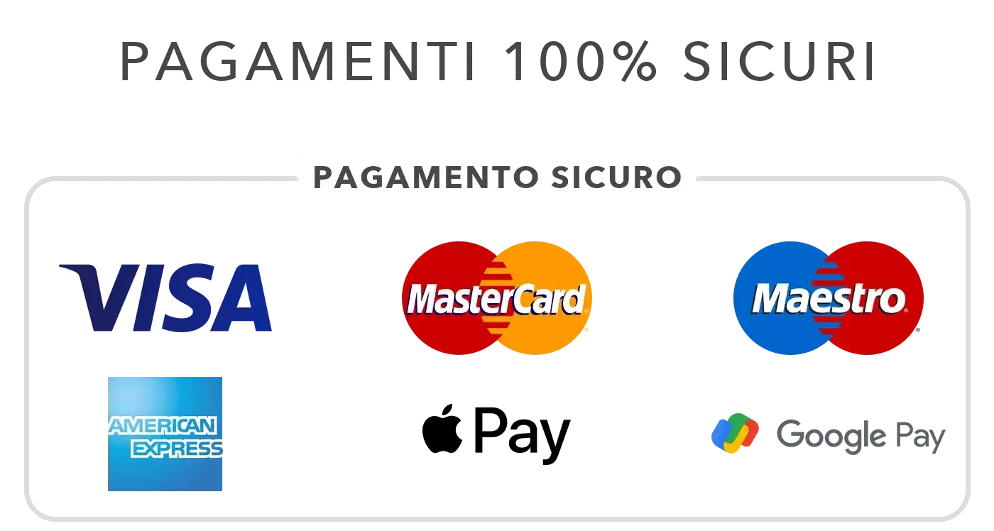 Pagamenti 100% sicuri: PayPal, VISA, Mastercard, Maestro, American Express