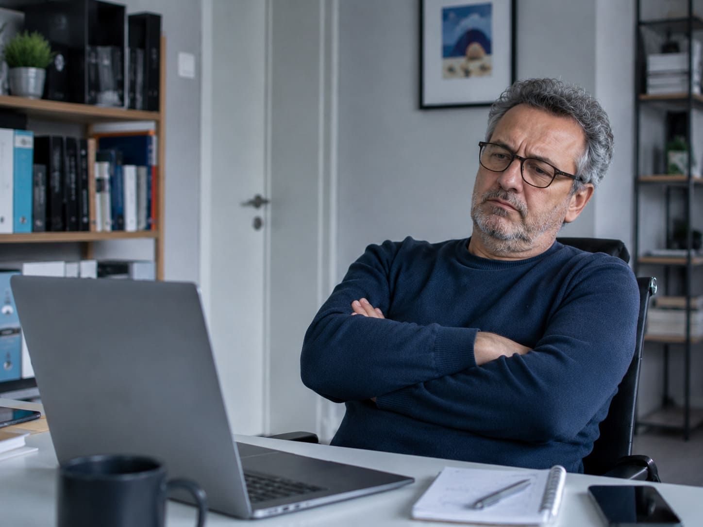 Uomo adulto scettico davanti al laptop