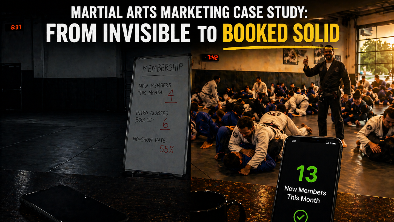 Martial arts gym marketing case study — before and after showing BJJ gym growth from invisible to booked solid in 90 days