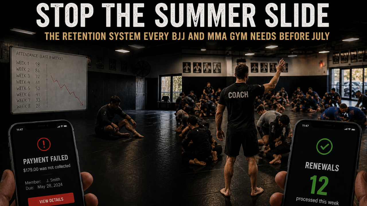 Martial arts gym summer retention playbook — BJJ and MMA gym membership system stopping summer slide with renewal and re-engagement sequences