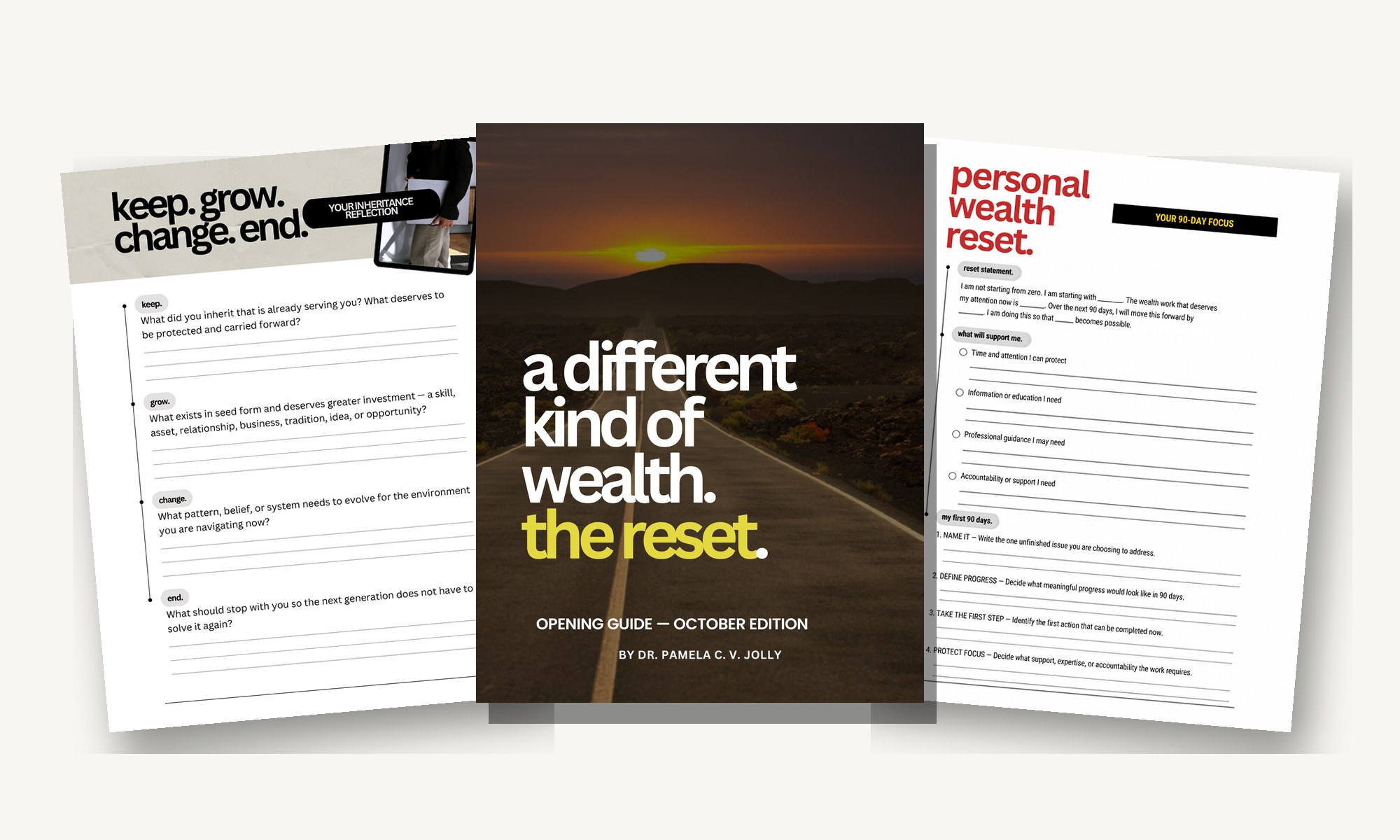 A Different Kind of Wealth — The Reset: cover, Keep. Grow. Change. End., and the Personal Wealth Reset page