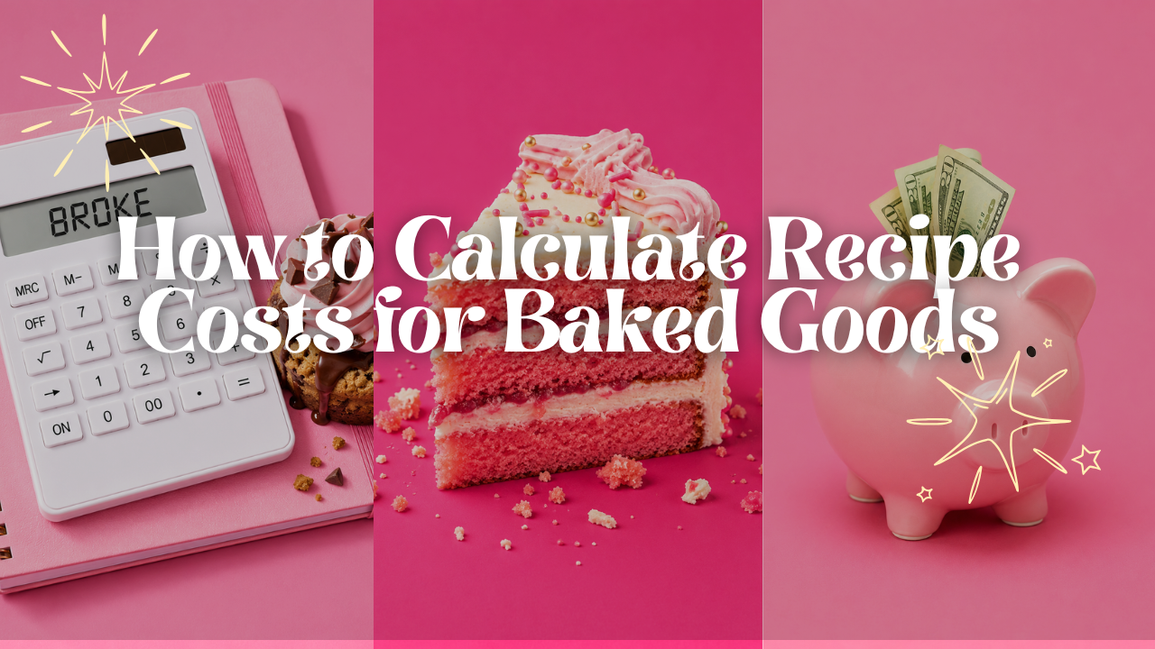 How to calculate recipe costs for baked goods - pricing calculator, cake slice, and piggy bank graphic