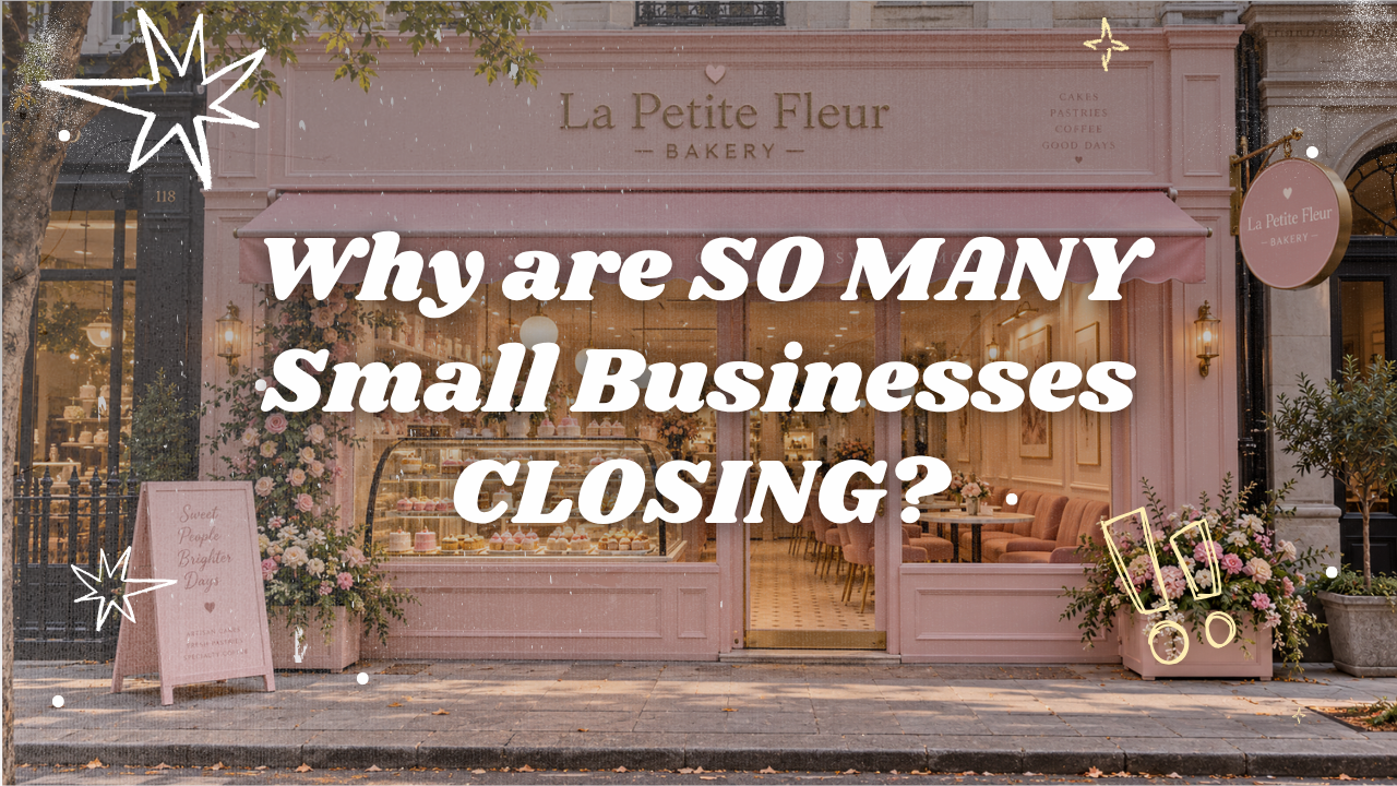 Pastel pink bakery storefront with elegant gold signage, a pink awning, floral decorations, and a warmly lit interior featuring a pastry display case filled with cakes and baked goods.