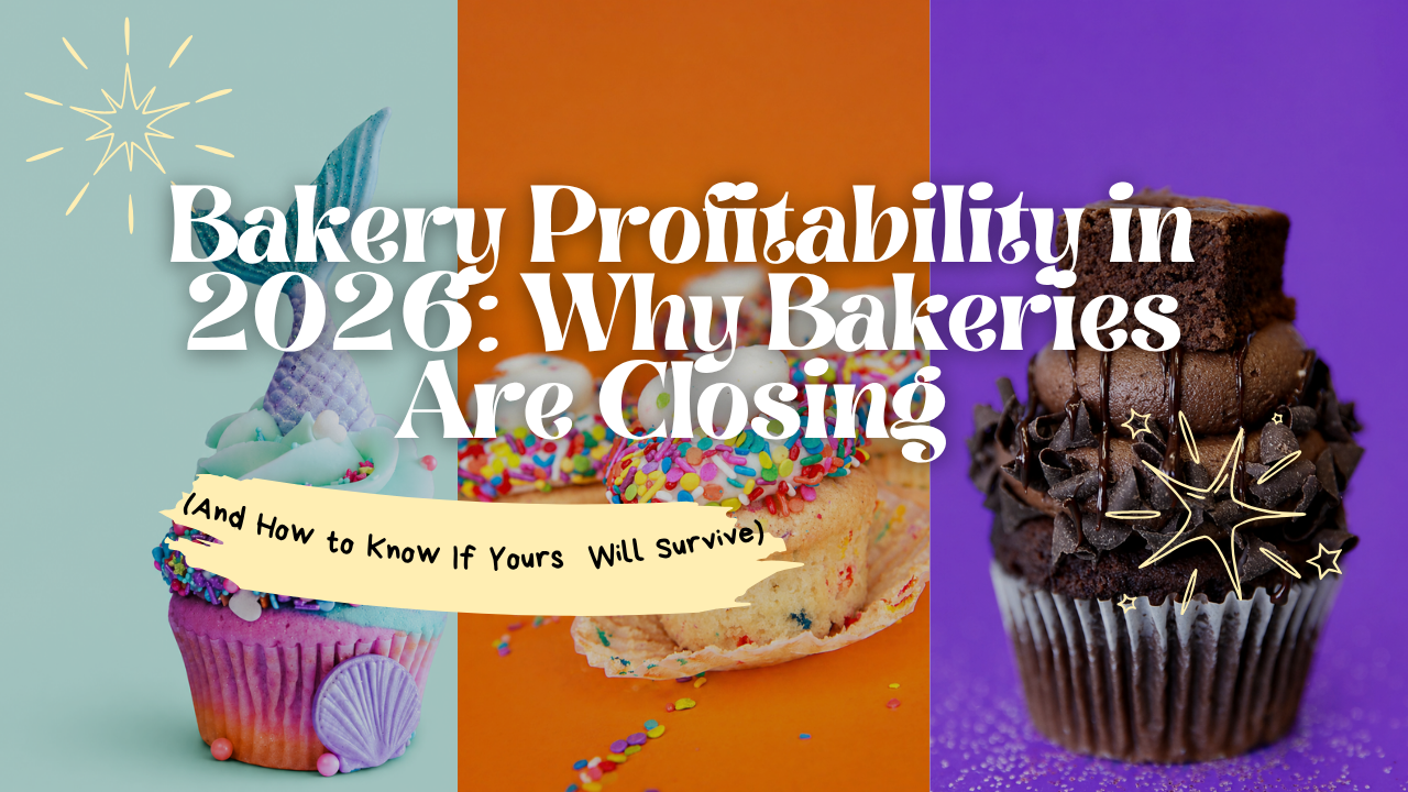 Bakery profitability in 2026 blog thumbnail featuring colorful cupcakes, cookies, and chocolate desserts with text about why bakeries are closing and how bakery owners can survive in a competitive market.