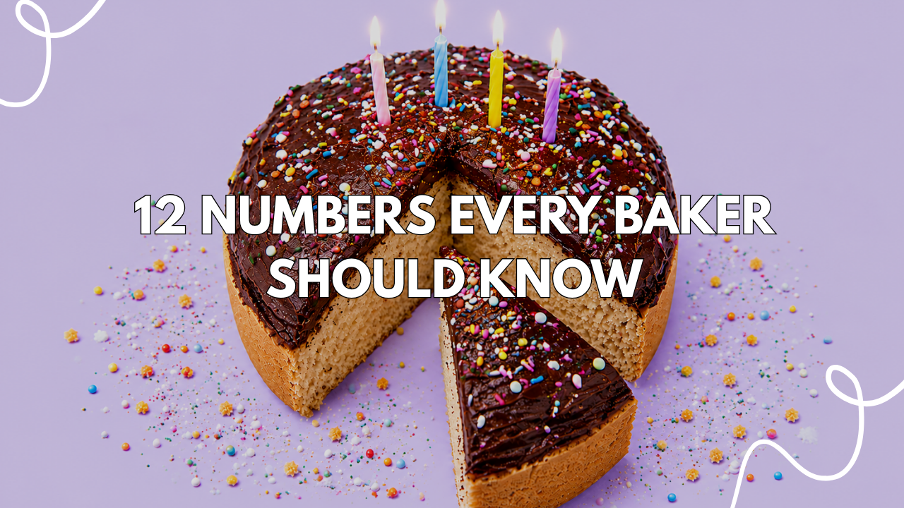 Chocolate sprinkle cake with a slice removed featuring the text “12 Numbers Every Baker Should Know” for a bakery business metrics guide.