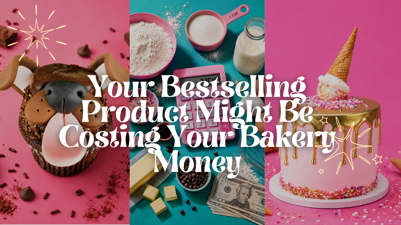 Colorful bakery business collage with a cupcake, baking ingredients, calculator, cash, and cake featuring the headline “Your Bestselling Product Might Be Costing Your Bakery Money."