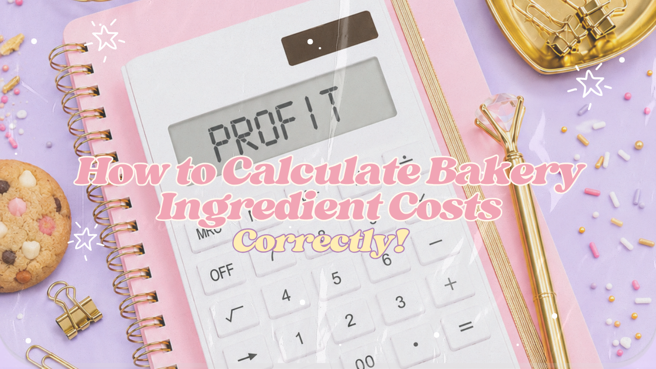 How to calculate bakery ingredient costs correctly using a calculator, with cookies and baking supplies.