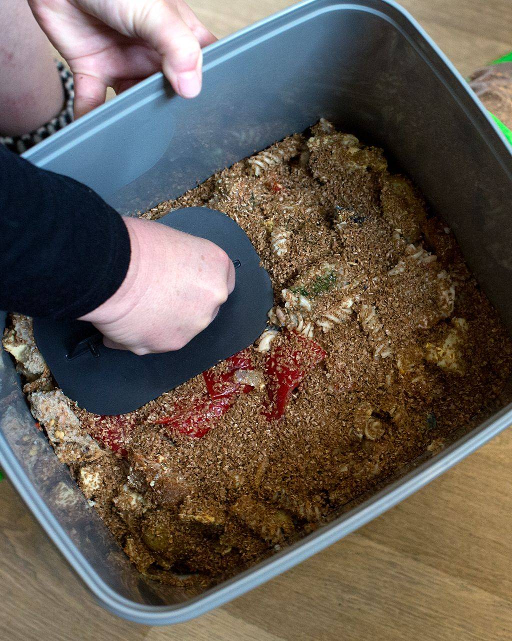 KOMPOSTKURS - grønne blader fra planter i hage med hvit tekst