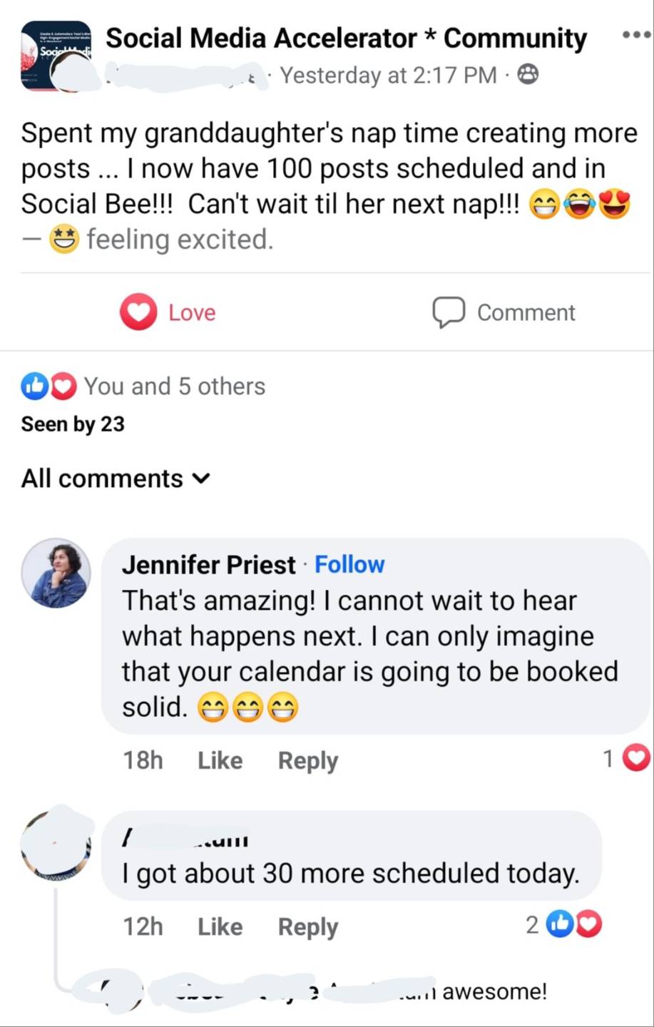 Social Media Accelerator community post: 100 posts scheduled