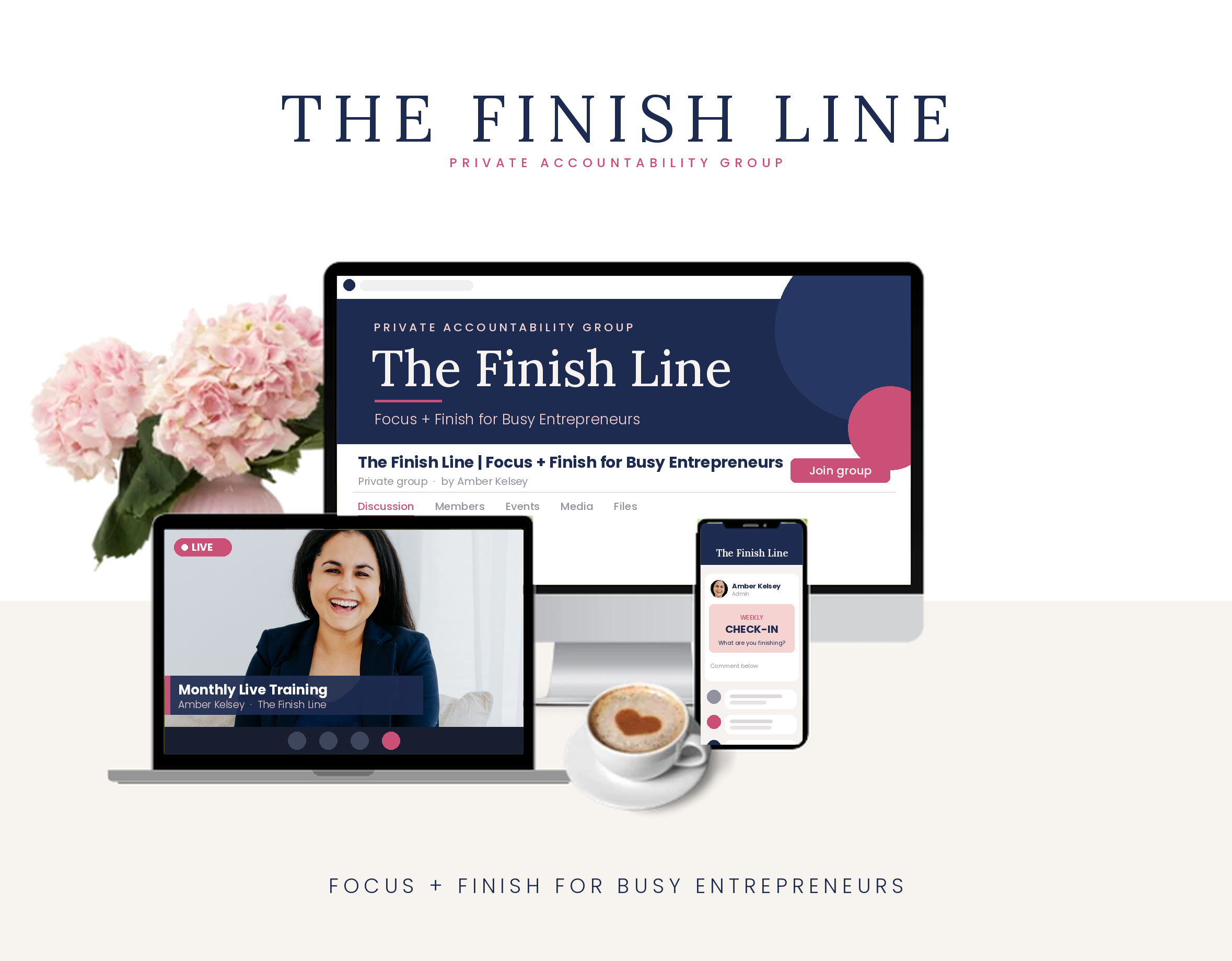 The Finish Line private accountability group on laptop, desktop and phone