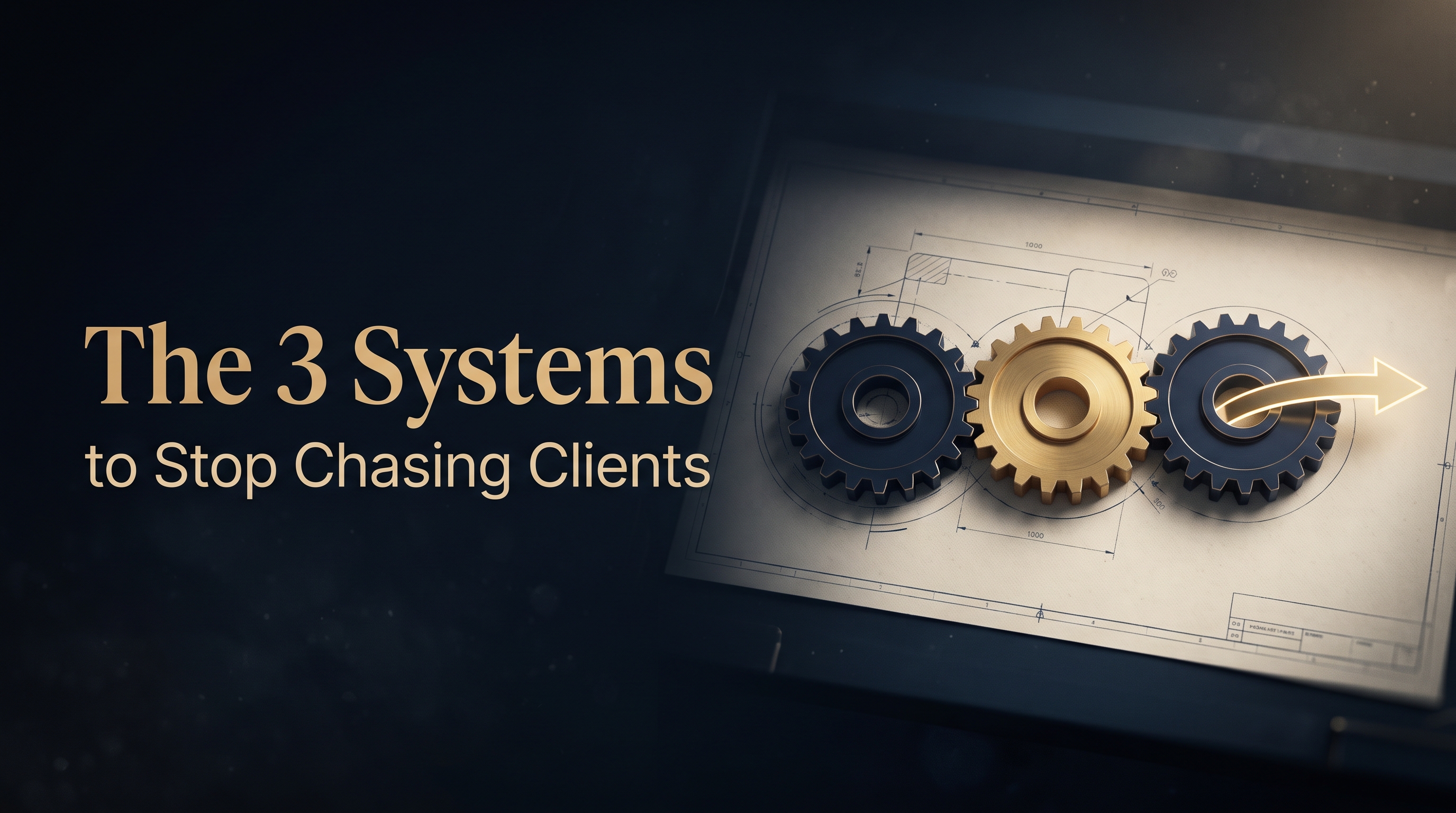The 3 systems every expert needs to stop chasing clients, three navy and gold gears meshed as one drivetrain on a blueprint