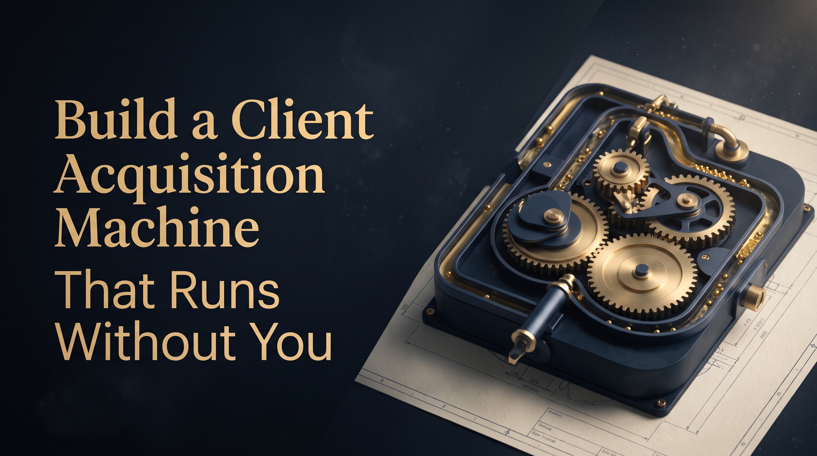 How to build a client acquisition machine that runs without you, a navy and gold engine of gears on a blueprint