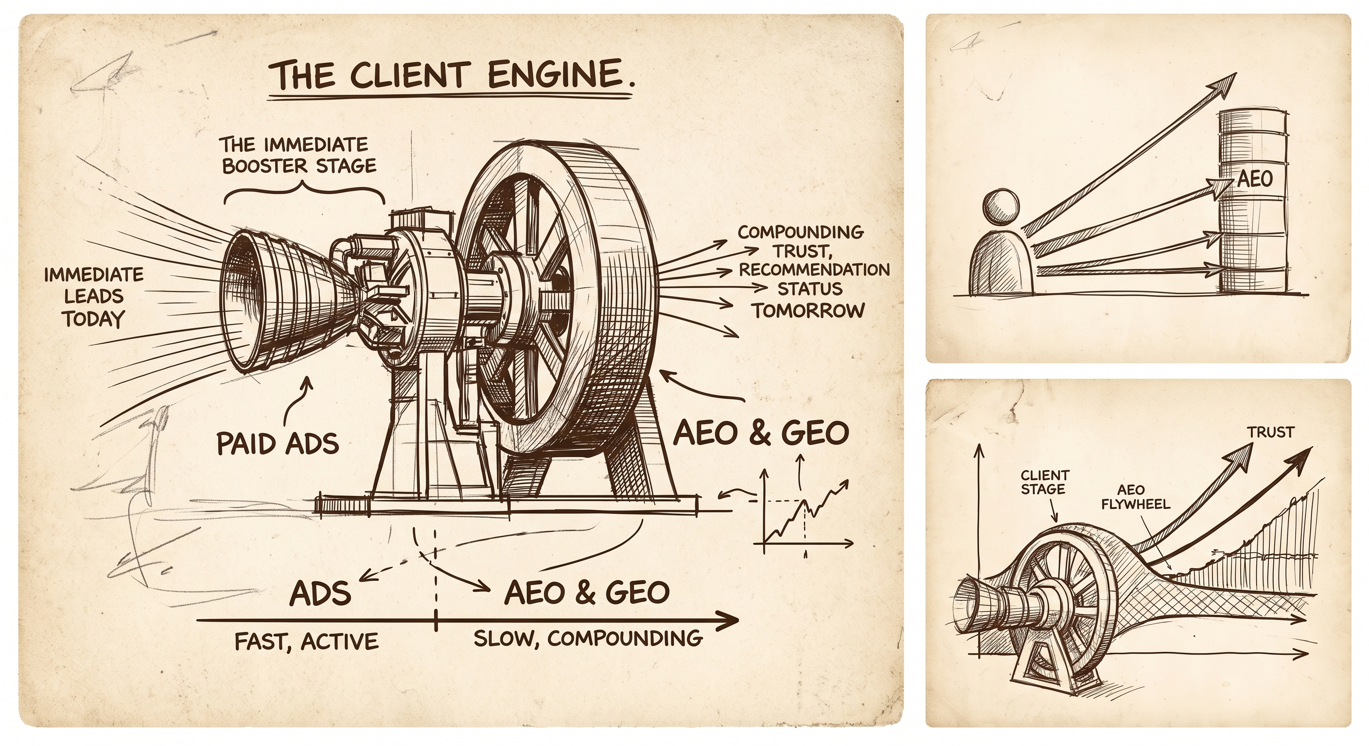 The Client Engine: a four-part answer engine optimization machine with North Star, Message, Machine, and Accountability
