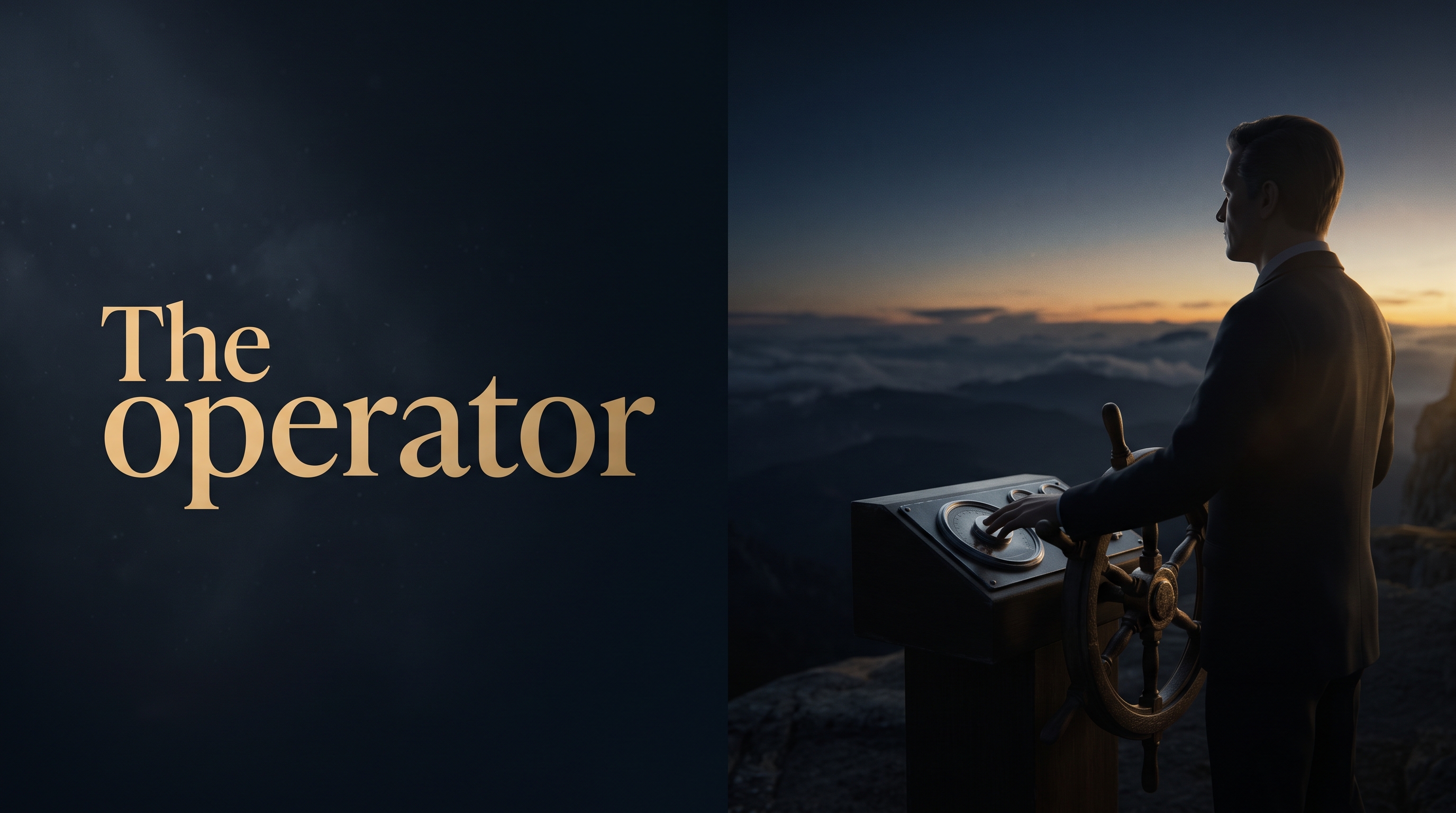 The owner's trap, a calm operator at a ship's wheel on a navy peak at gold dawn, steering instead of being the bottleneck