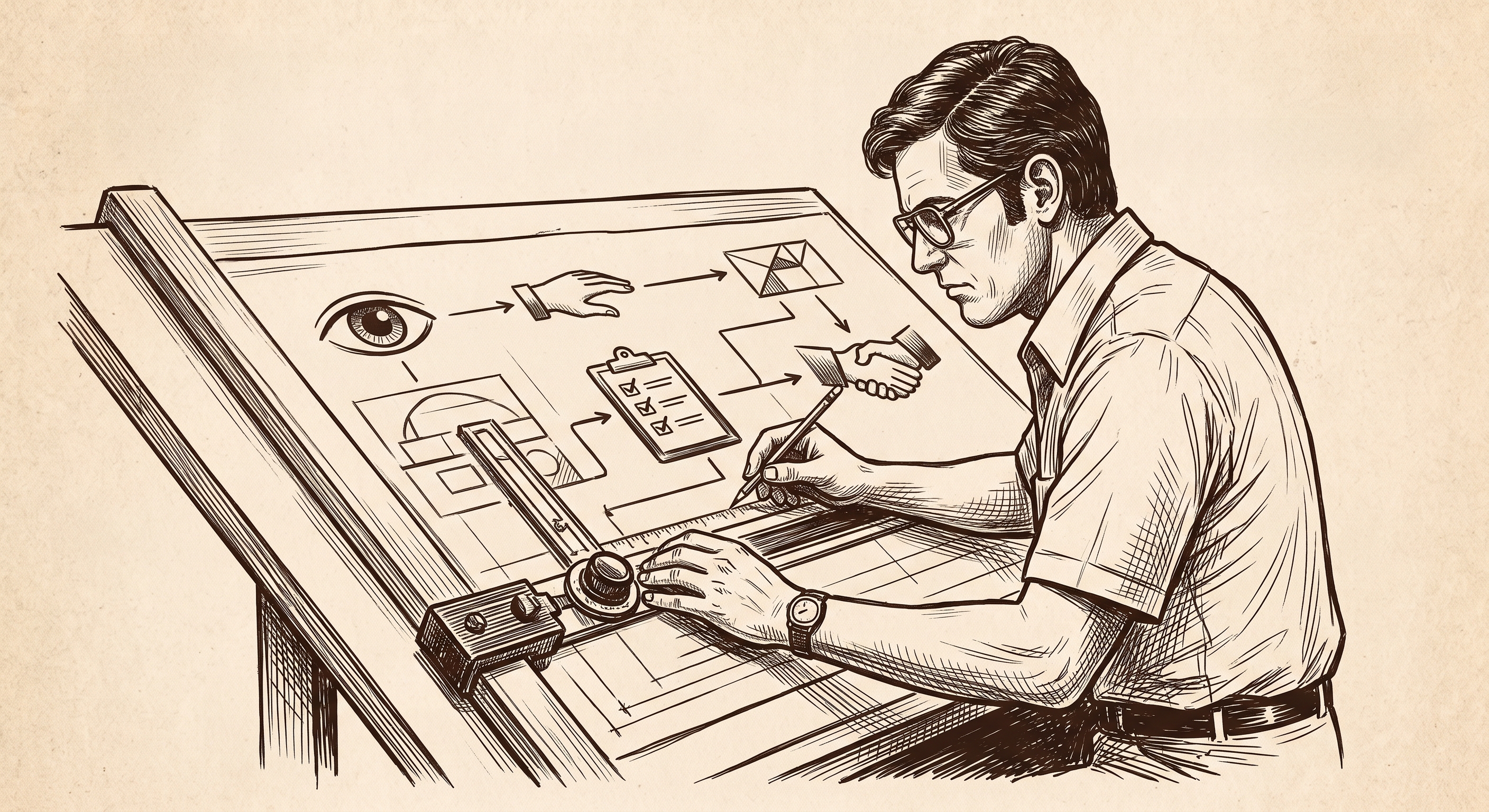 A man at a drafting table engineering a client acquisition system from attention to booked sale