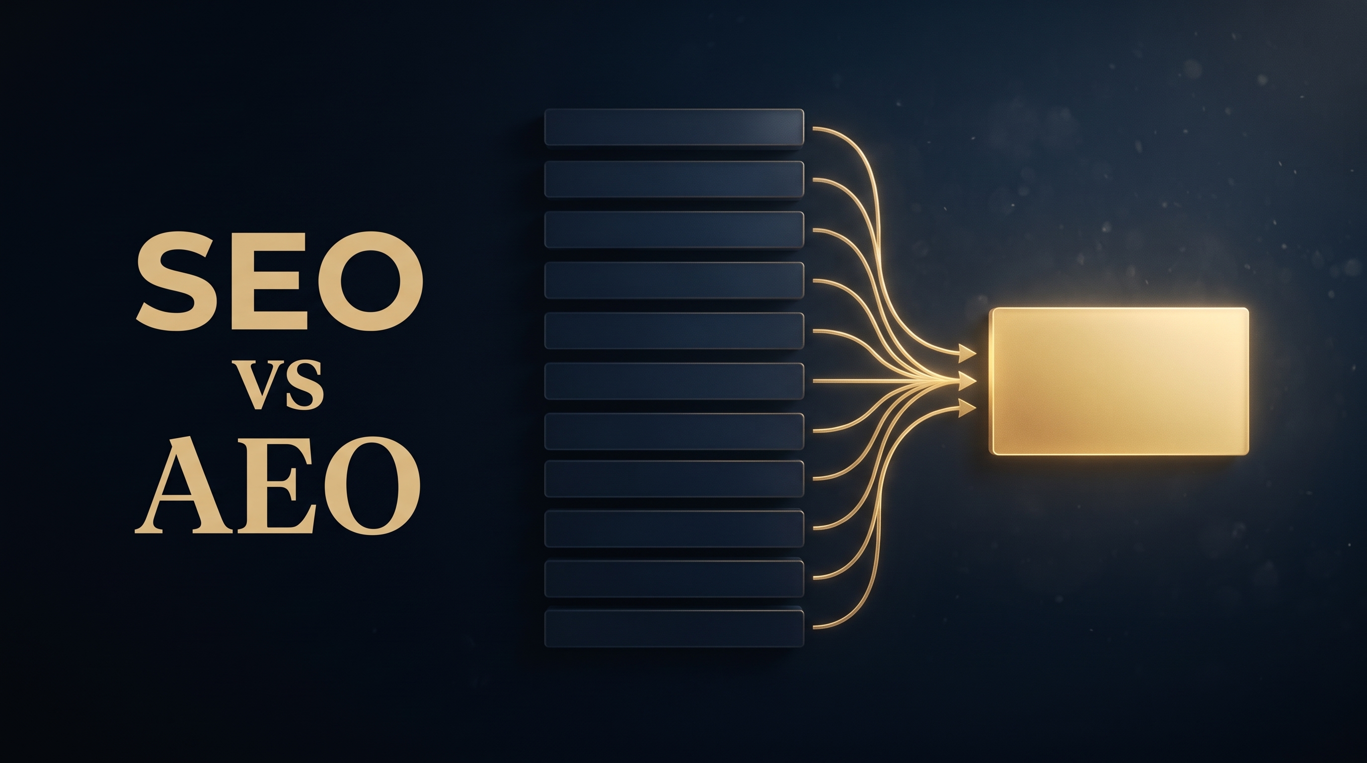 SEO vs AEO for experts, ten dim navy link bars collapsing into one glowing gold answer panel