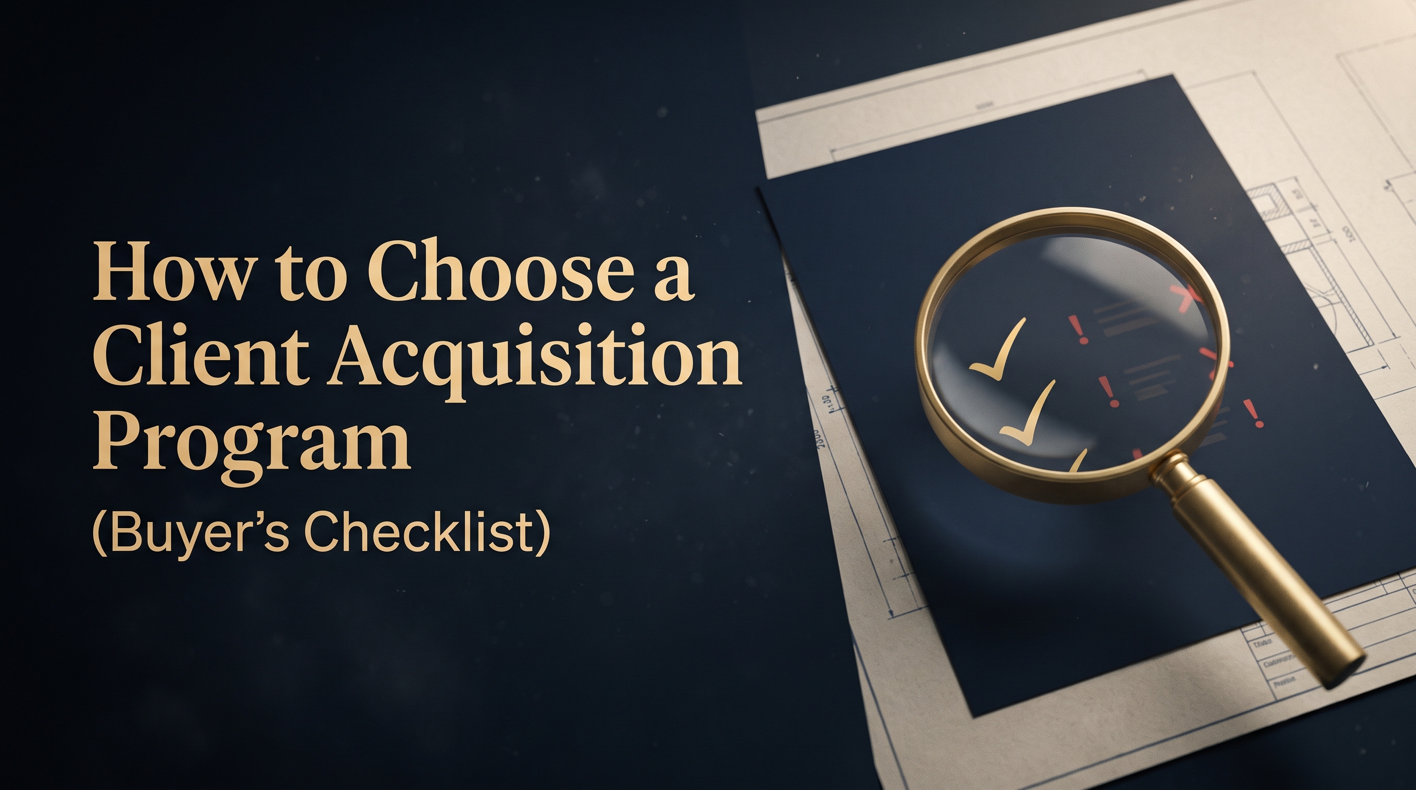 How to choose a client acquisition program, a gold magnifying glass inspecting a navy document with checkmarks