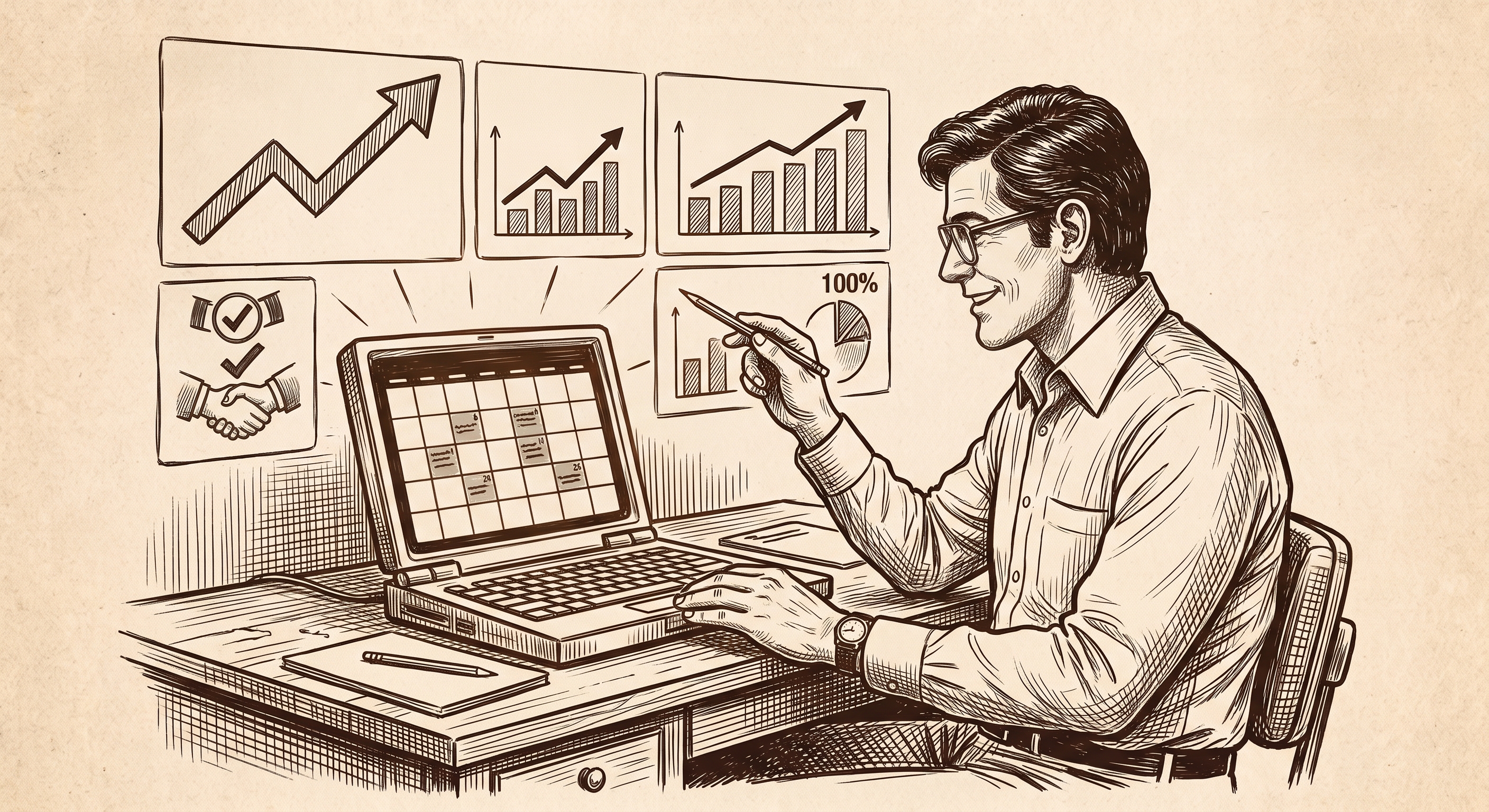 A business owner reviewing a dashboard of qualified leads, booked calls, and conversion metrics with confidence
