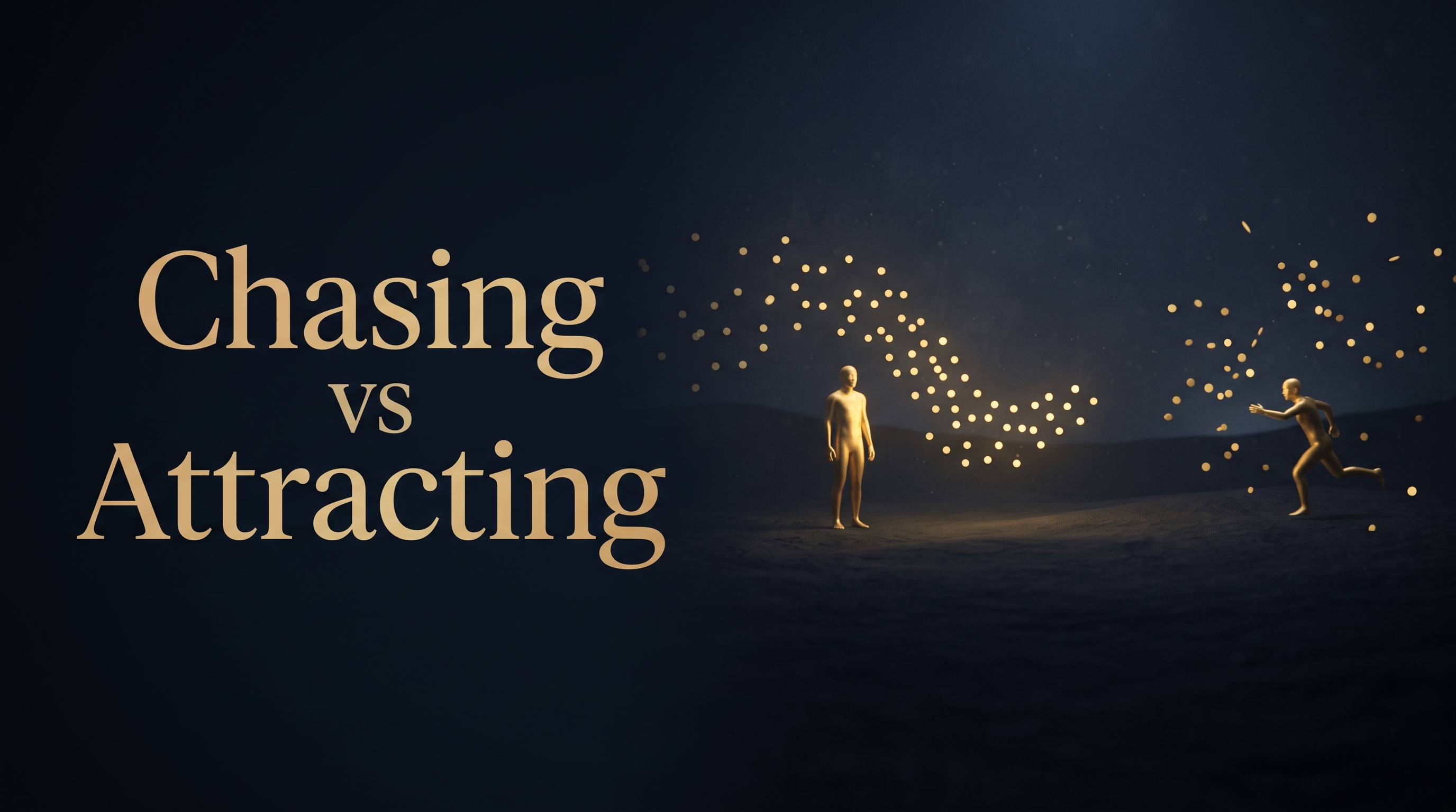 How to attract high-value clients instead of chasing cheap ones, one calm figure drawing gold clients in while another chases scattered dots
