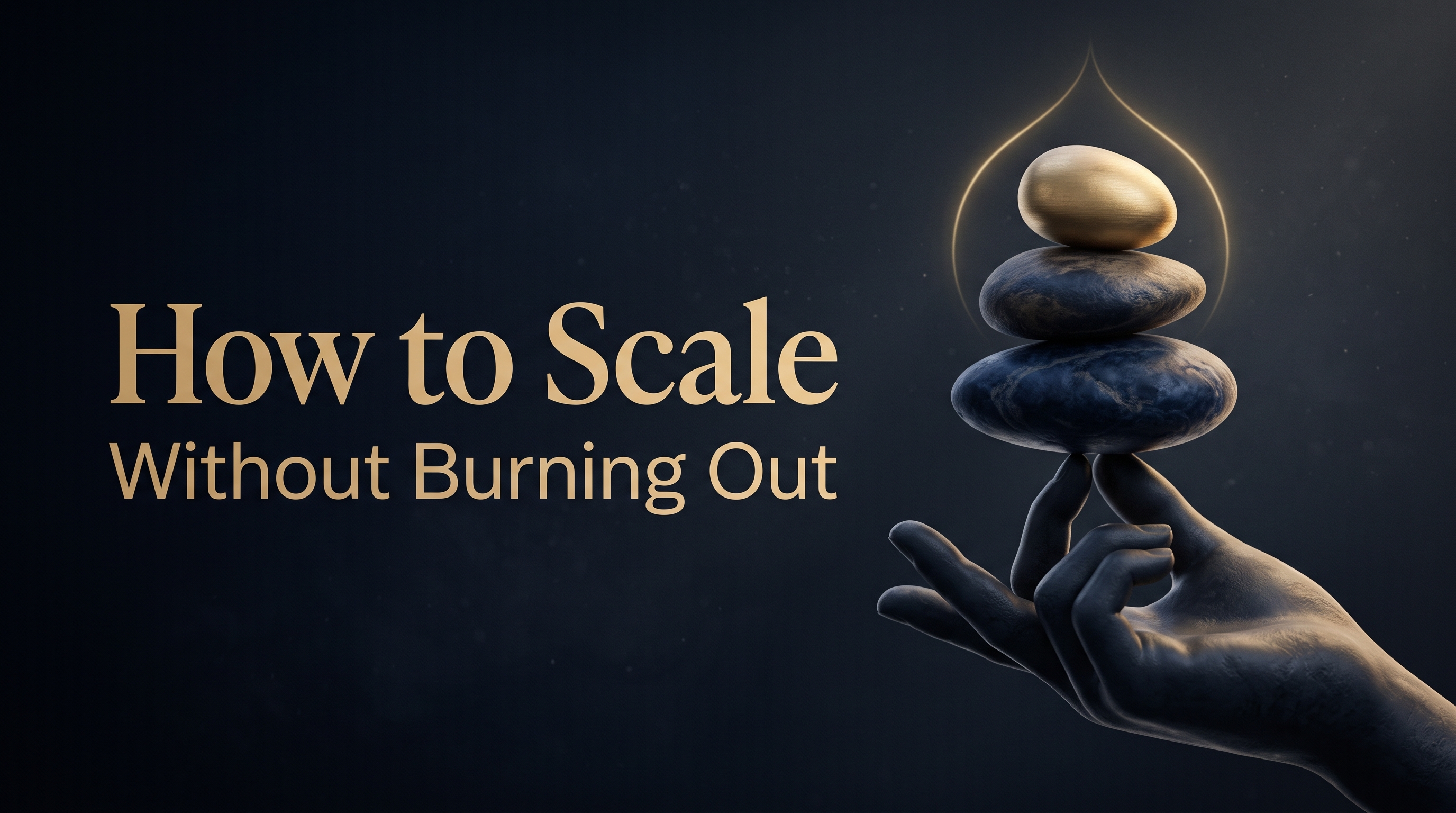 How to scale your expert business without burning out, a calm hand balancing a stack of smooth stones in navy and gold