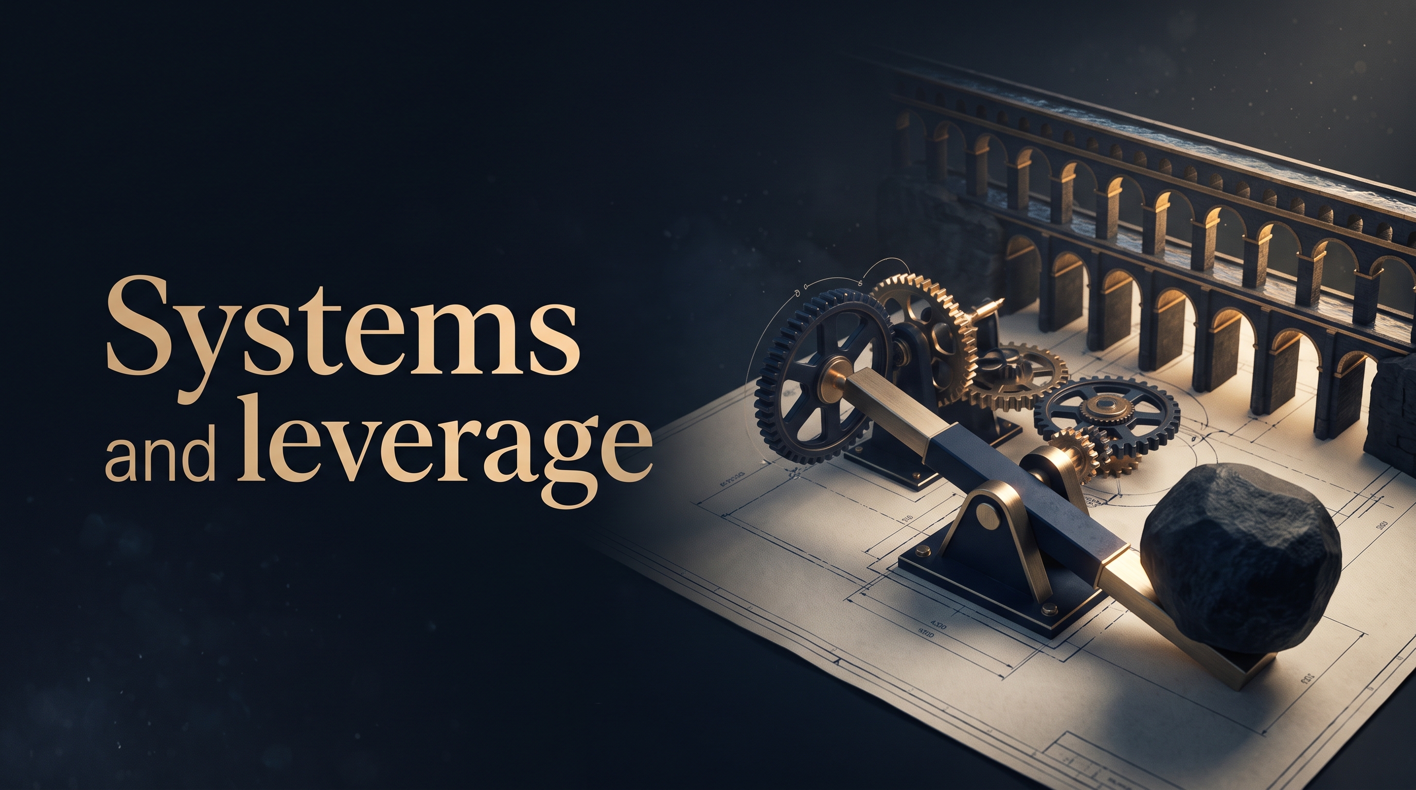 Content vs ads for experts, a navy and gold system of gears and a lever moving a heavy stone, systems and leverage on a blueprint